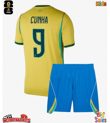 Brazil Matheus Cunha #9 Replica Home Stadium Kit for Kids World Cup 2026 Short Sleeve (+ pants)